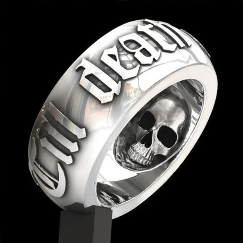 New Creative Till Death Skull Ring, Punk European Thai Silver Black Domineering Men Finger Jewelry