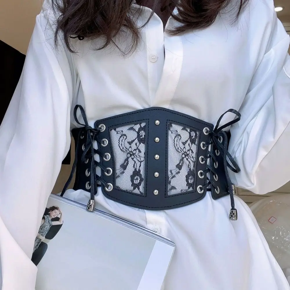 

Personality PU Leather Lace Cummerbunds High Waist Dress Girdle Female Waistband Strap Wide Waist Belt Dress