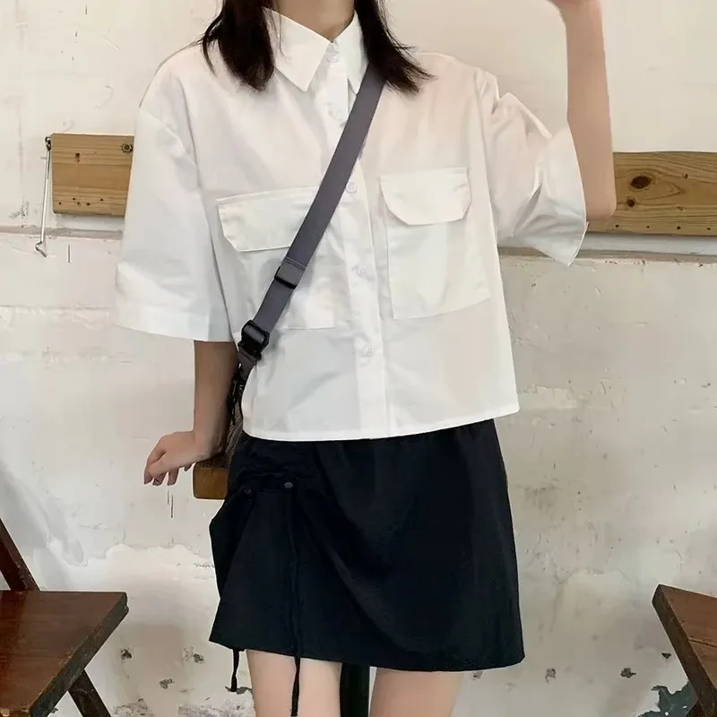 Shirts Women Solid Cropped Pockets Short Sleeve Preppy Cute Sweet Japan Style Simple Popular All-match Mujer Leiusre Fashion Ins