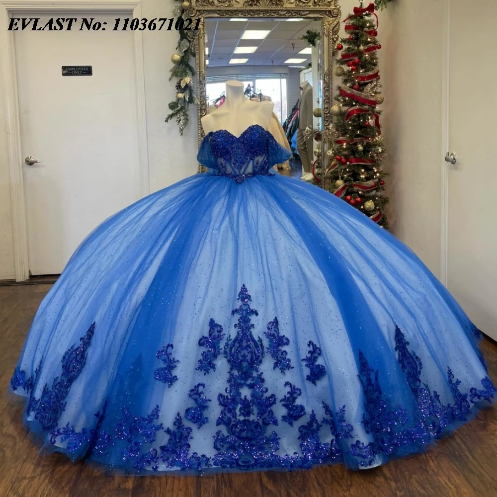 Evlast Luxe Blauwe Quinnceanera Jurk Baljurk Kant Applique Kralen Kristal Mexicaans Korset Sweet 16 Vestidos De 15 Anos Sq680