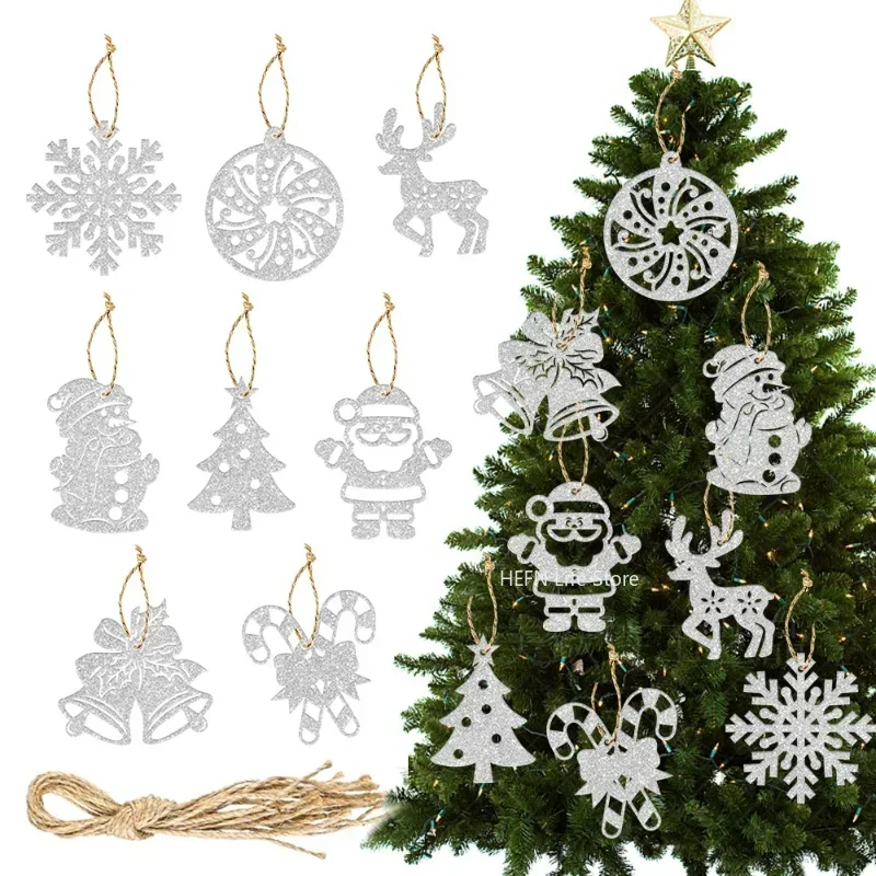 Christmas Glitter Snowflake Strings, Tree Hanging Pendant Ornaments, New Year Party Decor Supplies, 8Pcs Set