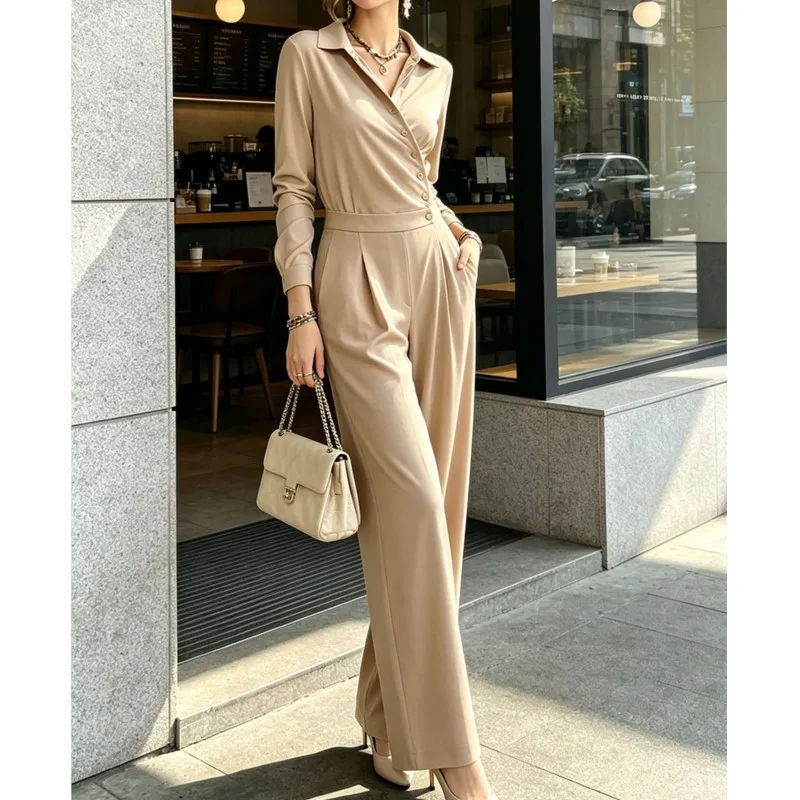 Simple Solid Color Women's Jumpsuit Spring Autumn Fashion Lapel Button Half-open Ladies High Waisted Jumpsuits New Office Attire