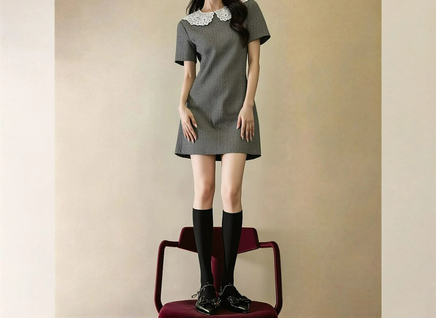 

Grey Lace Doll Collar Dress Women's 2026 New High-end A-word Short Skirt