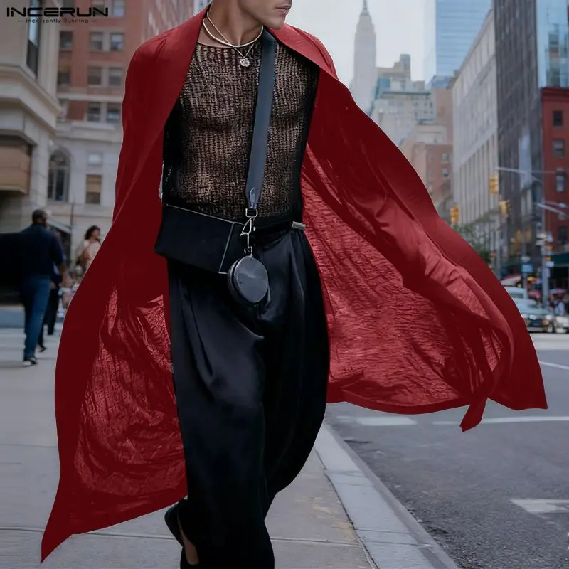INCERUN Men Long Style Shirt Solid Open Stitch Casual Long Sleeve Male Cardigan Streetwear See Through Fashion Outerwear Men