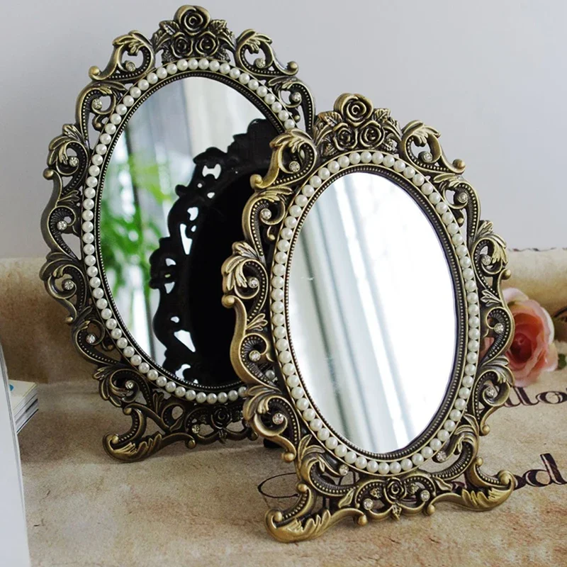 

Decorative Frame Vintage Mirror Nordic Standing Desk Korean Luxury Antique Portable Makeup Mirror Jewelry Lustro House Decor