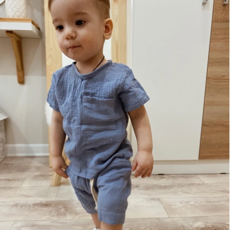 

Muslin Gauze Cotton Baby Clothes 2PCS Sets Summer Boys Shorts Casual Tops Pants Breathable Sports Suit Children Home Wear Thin