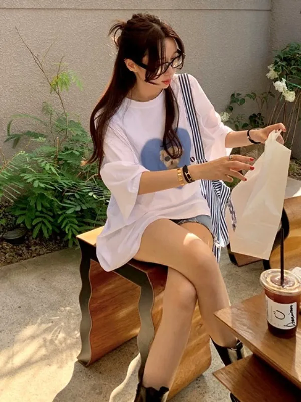 

Свободная футболка с принтом сердца и собаки, женский повседневный топ Dongda Gate 2025 Spring Street Sle, круглый...