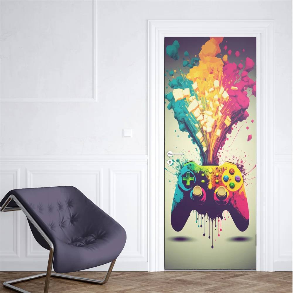 Neon Punk Game Door Sticker Splash Ink Gamepad Wallpaper Gaming Murals PVC Waterproof Self-adhesive Teens Bedroom Decor Poster