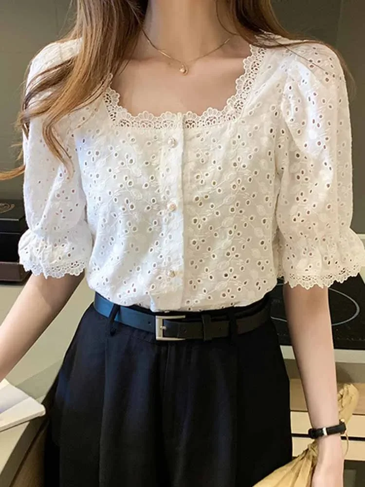 Summer Vintage Square Collar White Shirt Short Sleeve Hollow Out Elegant Women Blouse Clothes Lace Loose Tops 13934