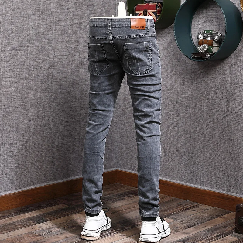 Fashion Designer Men Jeans Retro Gray Stretch Slim Ripped Jeans Men Elastic Trousers Vintage Casual Denim Pencil Pants Hombre