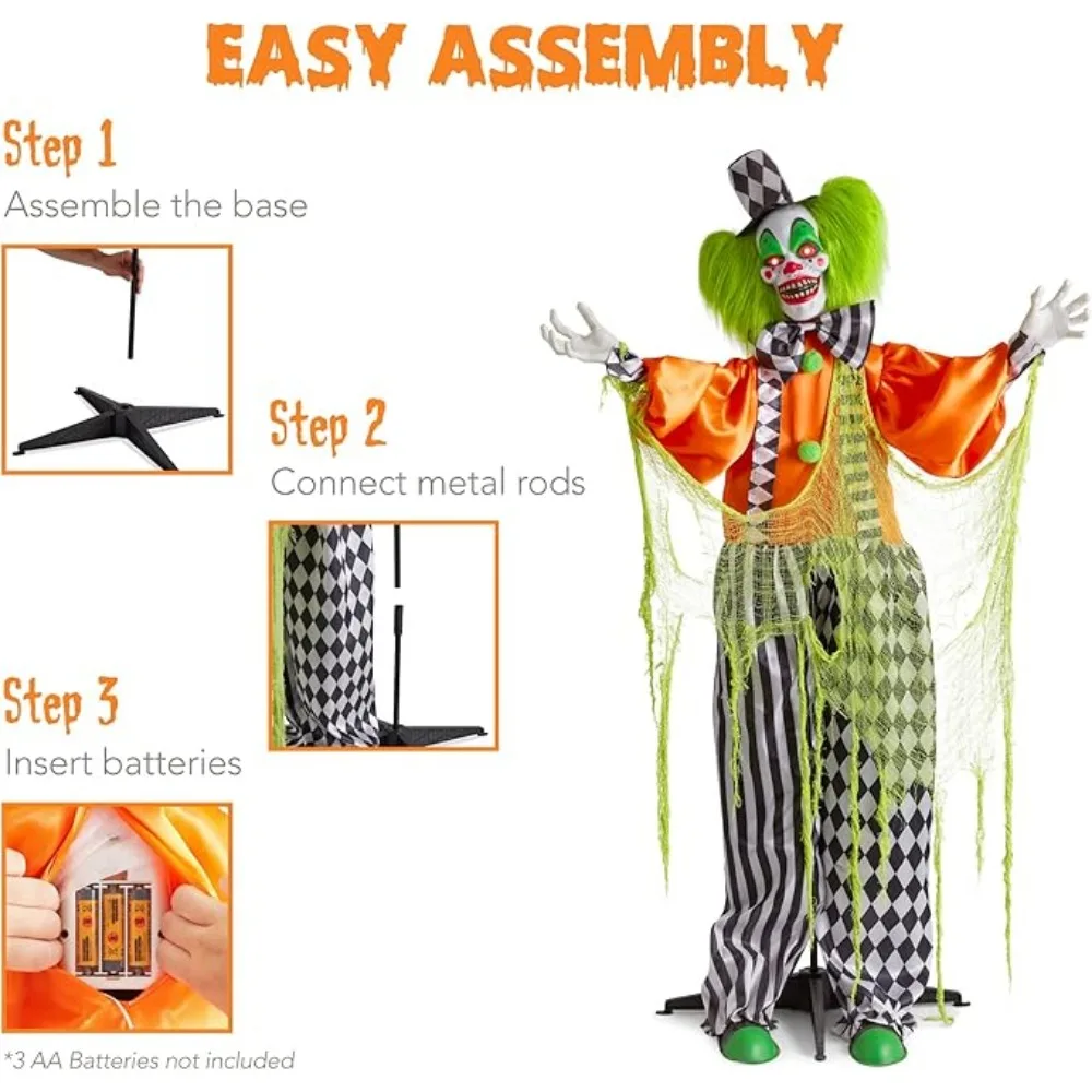 Clown Halloween Prop W/Pre-Recorded Lines, Light-Up Eyes, Moving Arms & Head, Halloween Outdoor Clown Standing Decoration