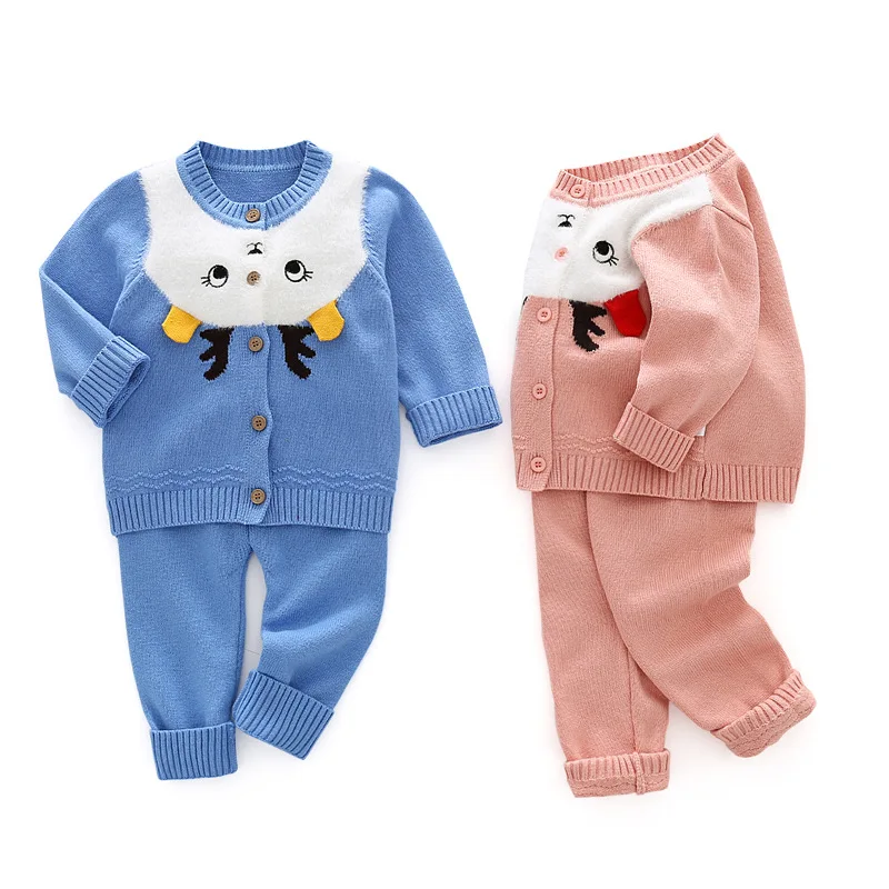 Spring Autumn Ins 1-6 Year Baby Boys 2PCS Clothes Set Patchwork Cartoon Cardigan Elastic Waist Pants Suit Infant Boys Outfits