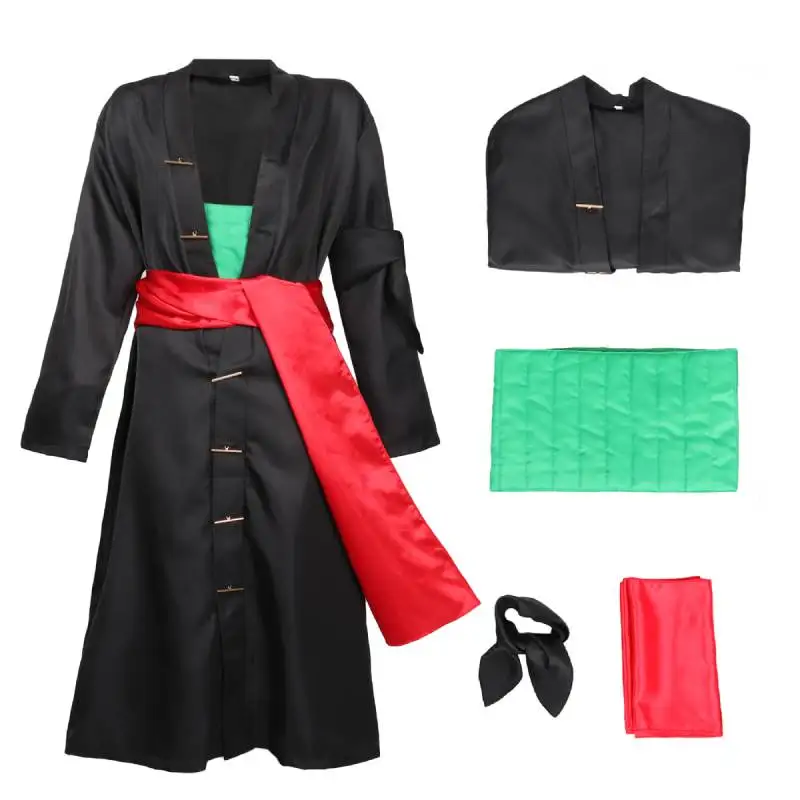 DAZCOS Roronoa Zoro Cosplay Costume Black Kimono Robe Cloak with Sash Armband Anime Clothing Man's Black Full Outfit