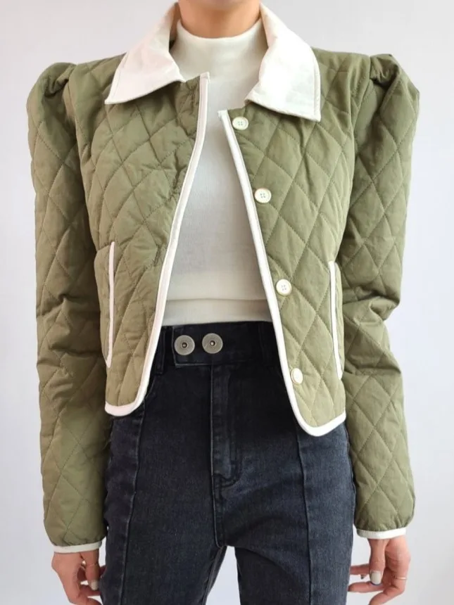 

Faionable ort Cotton Jaet Women's Chic Small Collar Bubble Sve Color Blo Outerwear Commute Sle Single Button