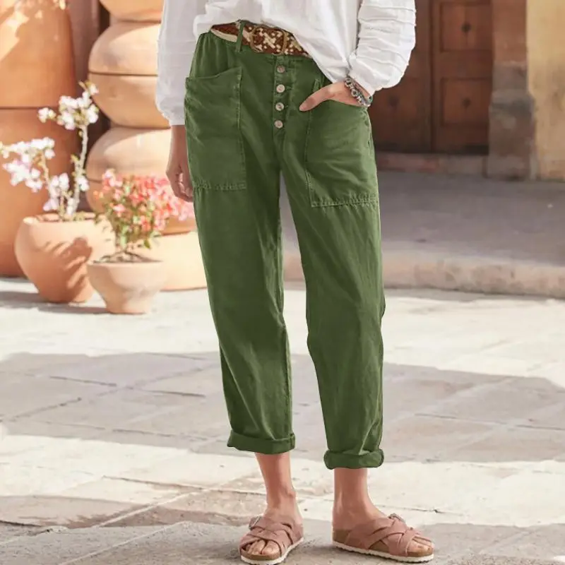 Women's New Casual Pants With Button Cotton And Linen Loose Casual Pants Solid Color Comfortable Loose Fit Cropped Pants Green