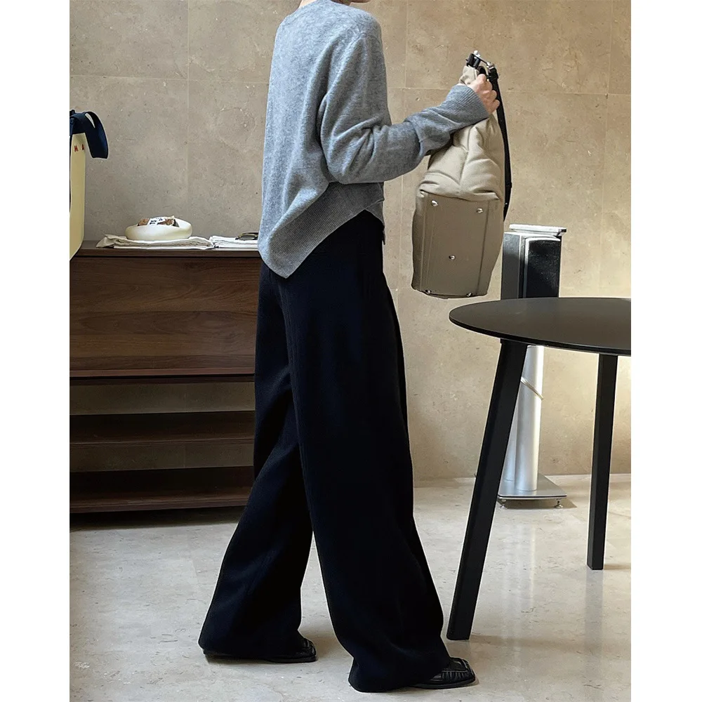 Winter New Simple Polished High Waist Pleated Wide Leg Trousers Loose and Thin Straight Trousers Women Thick 2025