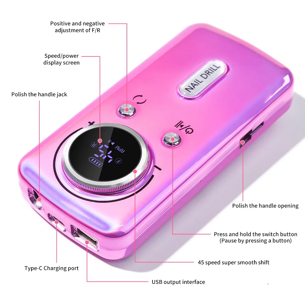 

45000RPM Nail Drill Machine Electric Portable Nail File Rechargeable Nail Sander for Gel Nails Polishing For Home Manicure Salon