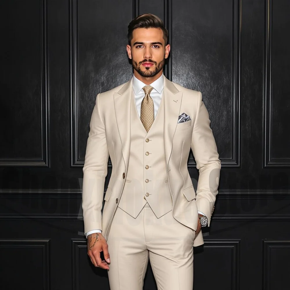 

Men's Beige Three Piece Suit Set Slim Fit Formal Wedding Groom Party Outfit Elegant Tailored Suits Blazer Vest and Pants
