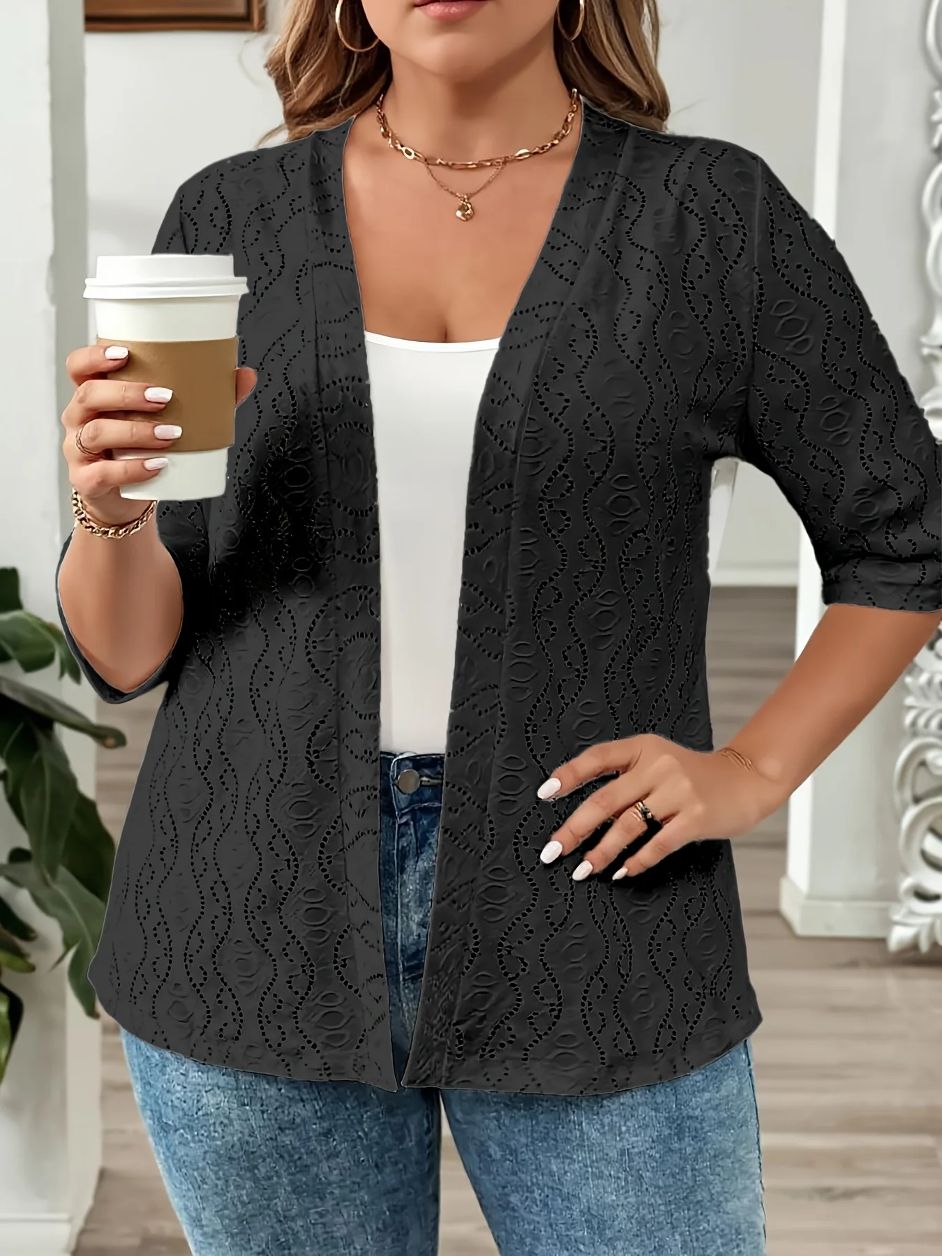 

Стильный женский кардиган с открытой передней частью и люверсами, легкий универсальный слой