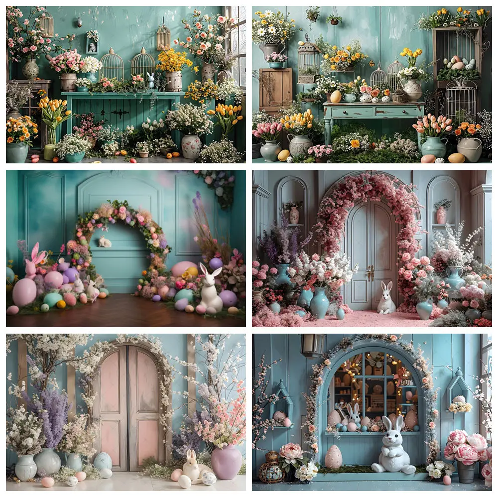 

Happy Easter Photography Backdrop Green Wood Wall Easter Floral Tulips Bunny Eggs Rabbit Baby Portrait Background Photo Studio