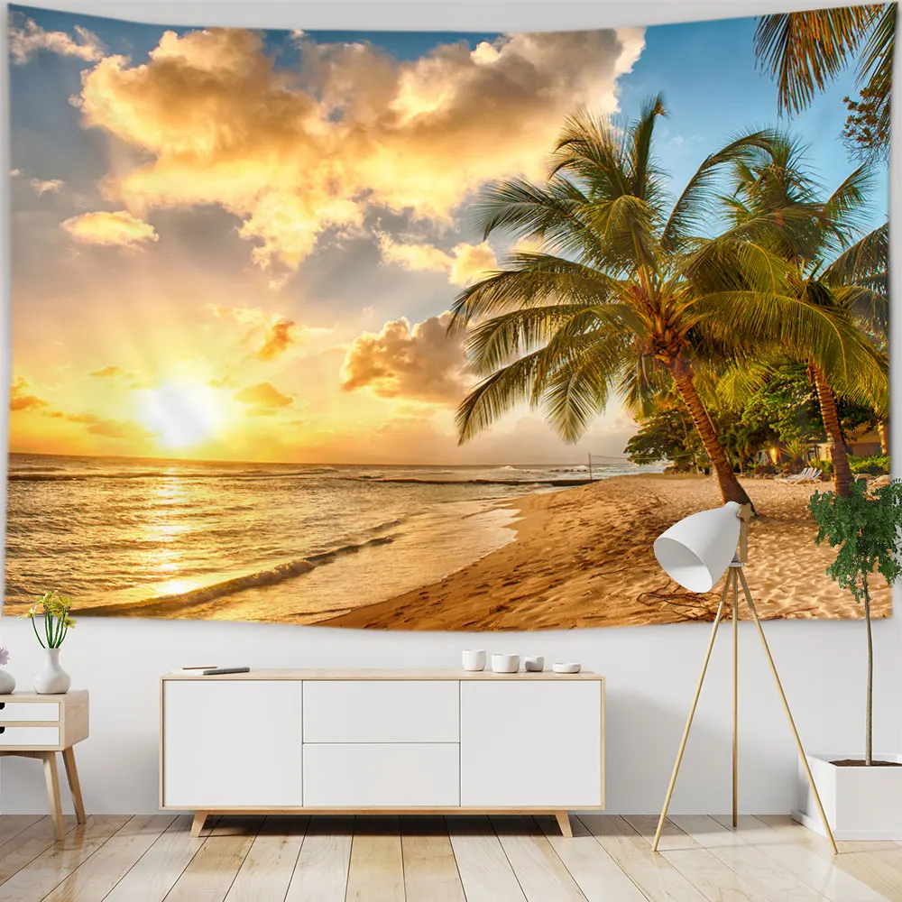 Beautiful Sunset Tapestry Great Wave Beach Blue Sea Wall Hanging Tapestries Wall Cloth Mat Background Blanket Home Decor