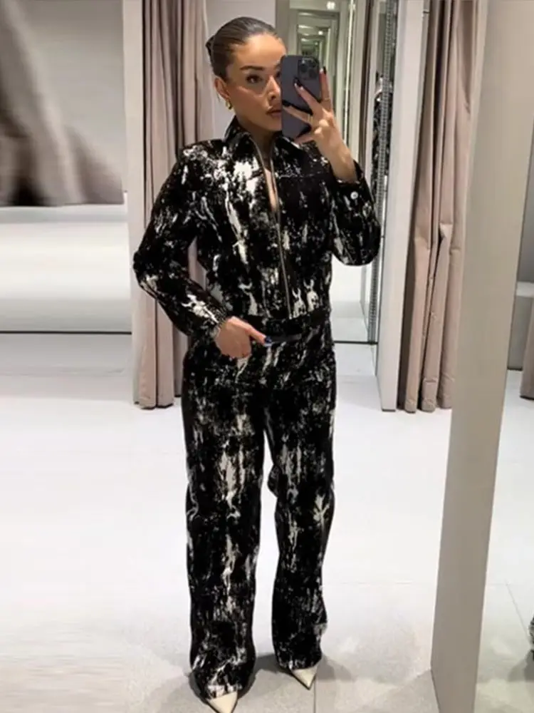 

Fashion Print Denim Pants Sets Women Slim Lapel Zipper Jackets High Waist Wide Leg Trousers 2025 Spring Lady Vintage Y2k Outfits
