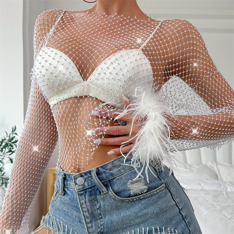 Damen-Strass-Netzoberteil, glitzerndes, durchsichtiges Mesh-T-Shirt, transparentes Diamant-Shirt, Federbündchen, Party-, Abend- und Clubwear, Y2K-Bluse – Detail 6