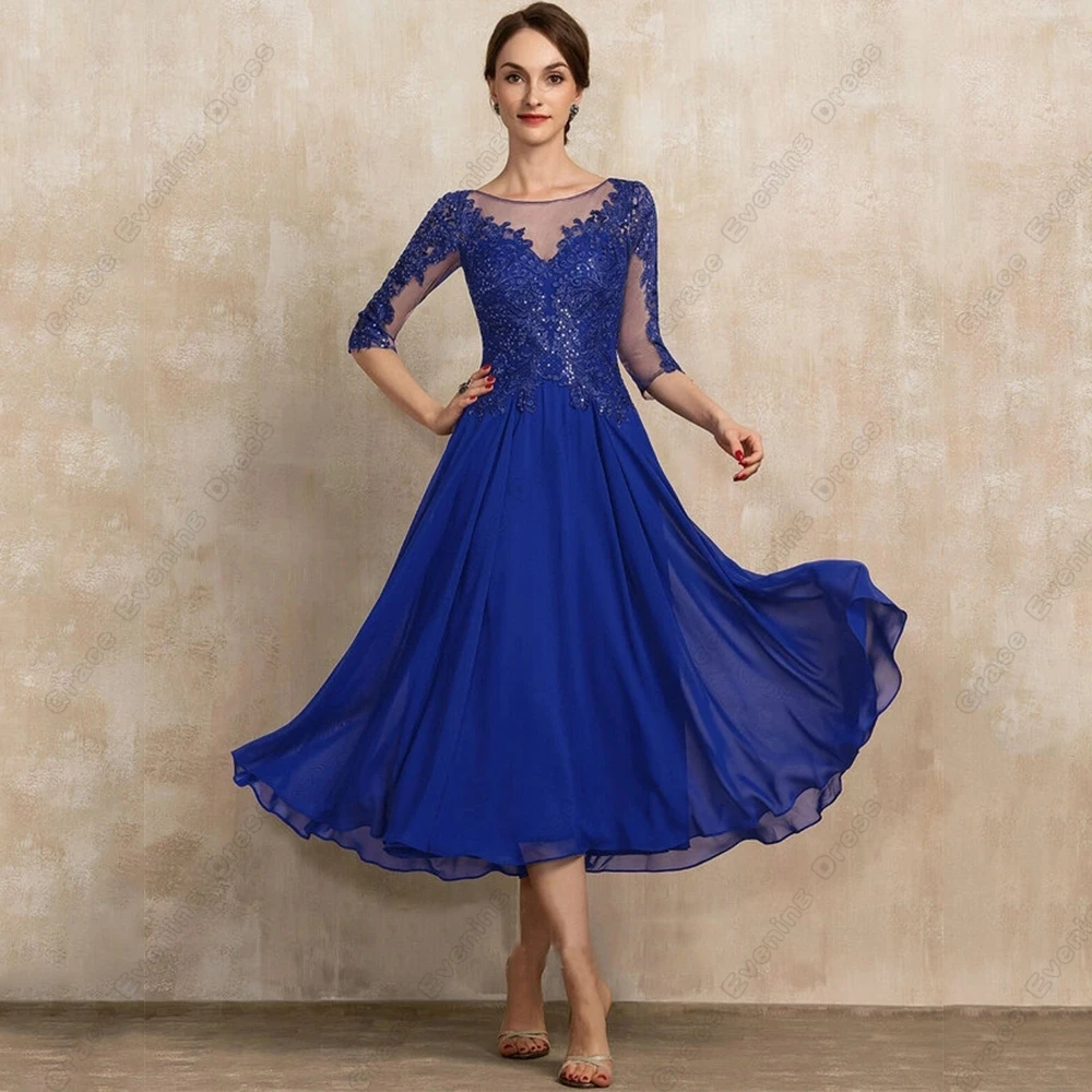 

Royal Blue Scoop Mother of Bride Dresses with Lace Chiffon Tea Length Wedding Party Dresses for Women 2023 Summer Robe De