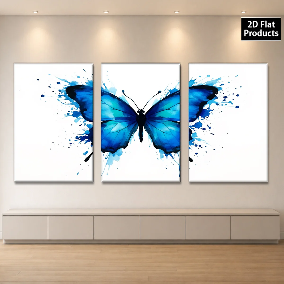 3PC 2D Decorative painting - Canvas painting - Three panels of blue butterfly with watercolor splashes on white background -