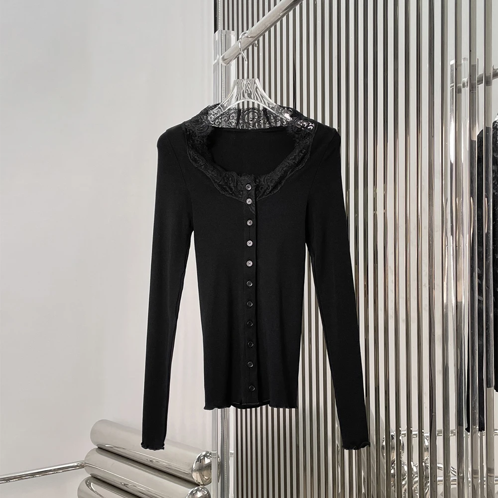 

Женский кардиган из хлопка с кружевной вставкой, элегантный однобортный вязаный топ с длинными рукавами, новинка зимы 202, Y2K