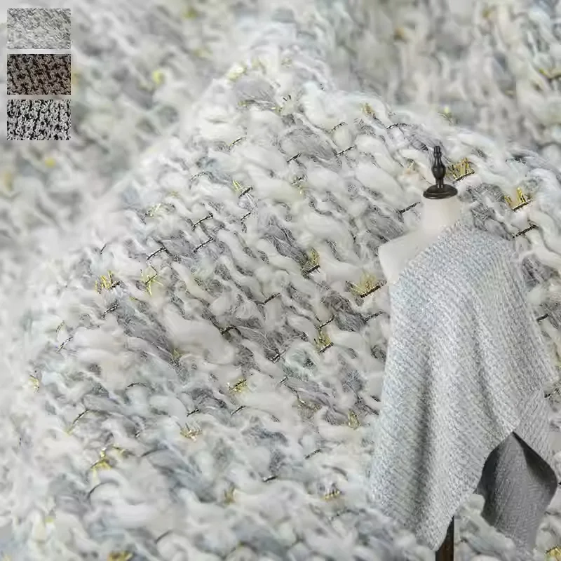 

Светло-серый цвет, плетеная твидовая ткань с золотой проволокой, окрашенная в пряже для женщин, осенняя куртка, платье, костюм, пальто, ткань «сделай сам», швейный материал