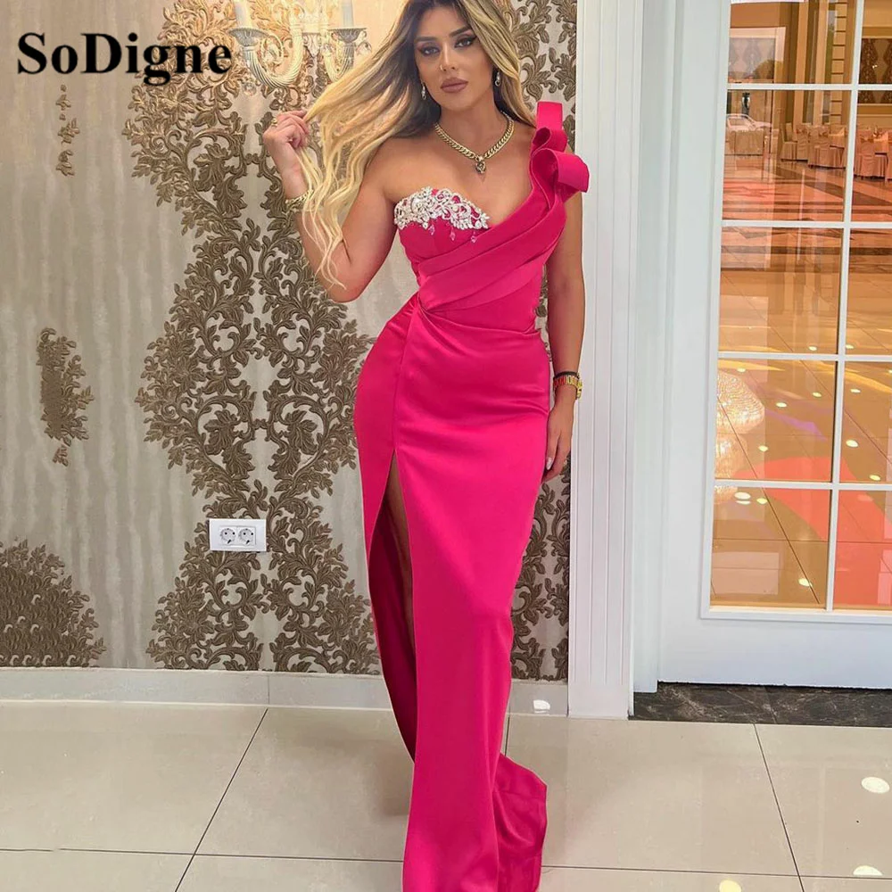 SoDigne Plum Purple Long Evening Dresses Lace One Shoulder Pleats Prom Party Gowns High Split Women Formal Party Dress 2022