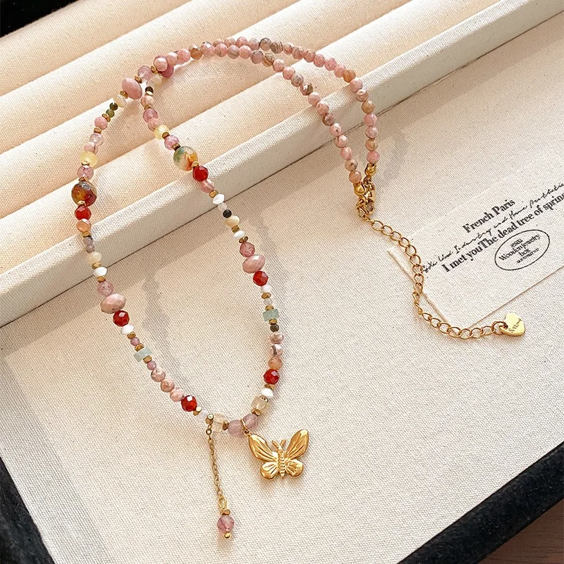 

Minar Fantasy Colorful Irregular Natural Stone Beads Butterfly Tassel Pendant Necklaces for Women 18K Gold Titanium Steel Choker