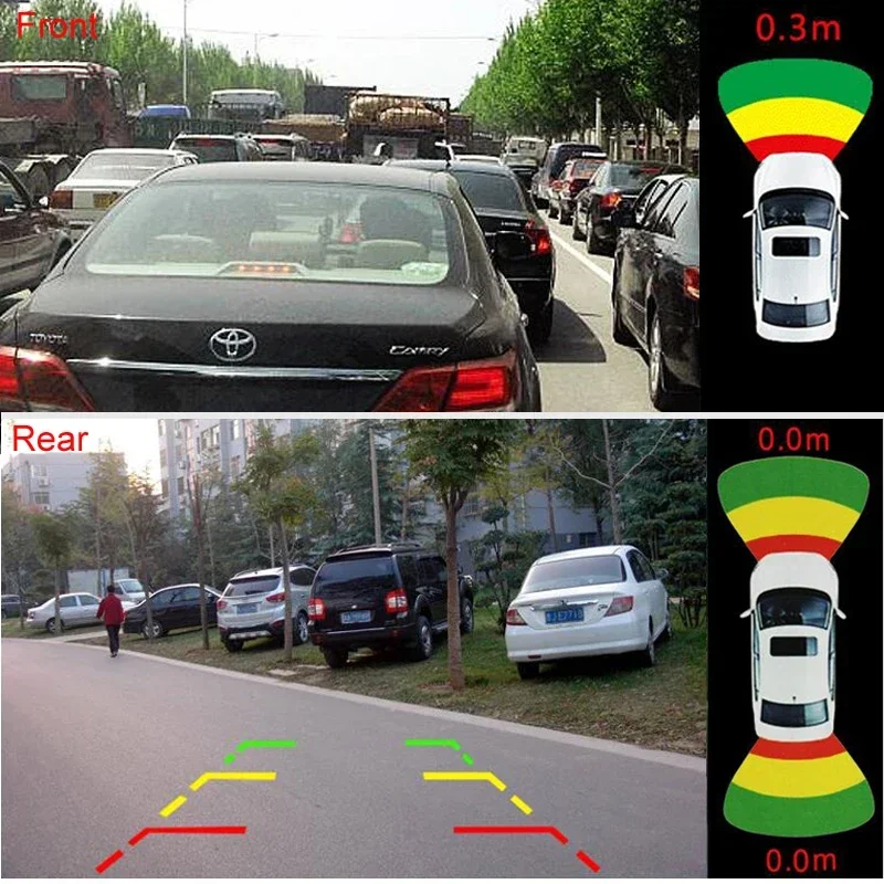 GreenYi 2 Video Input Car Parking Sensor System, Dual Channel for Front and Rear Camera Monitor DVD Player with 8 Sensors