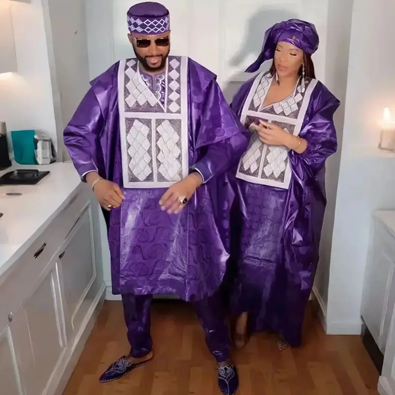 New African Clothes for Men Dashiki Tradition Outfit Robe Embroidery Purple Tops Pants Suits Bazin Muslim Wedding Party Clothing