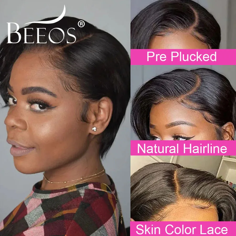 Short Pixie Cut Wigs 5x5 HD Lace Closure Wigs Gluless Straight Short Human Hair Wigs Invisible HD Lace Wigs Wear & Go For Women