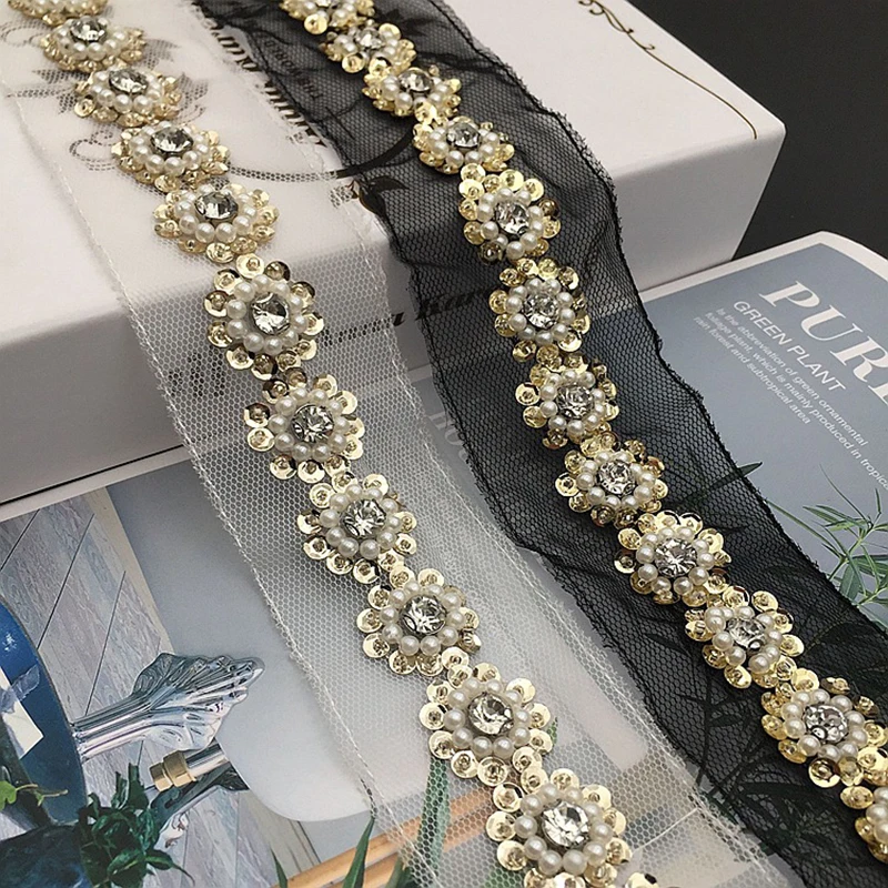 1Yard Pearl Beaded Sequin Lace Trim Mesh Lace Ribbon Fabric DIY Clothes Decoration Wedding Dress Collar Sleeve Lace Applique