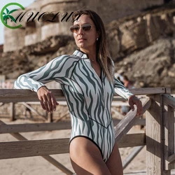 MUOLUX 2024 New Long Sleeved Zipper Sports Surfing Suit Zebra Vintage Printed One Piece Women's Swimsuit Monokini Bath Bodysuit