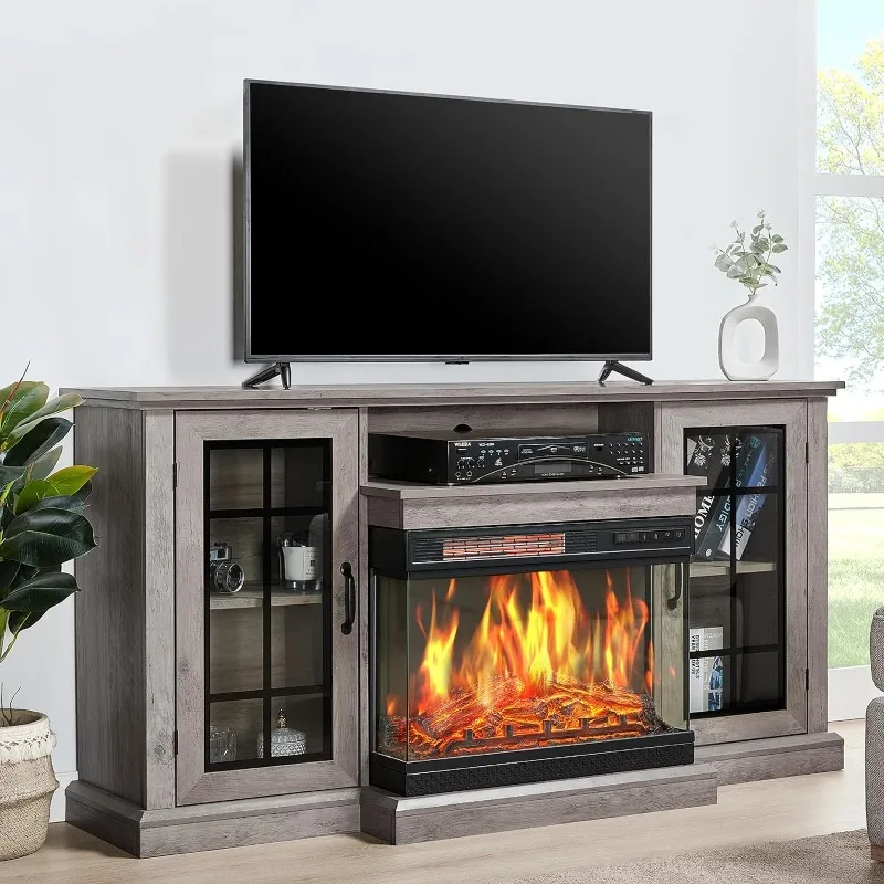 

Fireplace TVStand with 3-Sided Glass Electric Fireplace,59" Media Entertainment Center with Farmhouse Glass Door Storage Cabinet