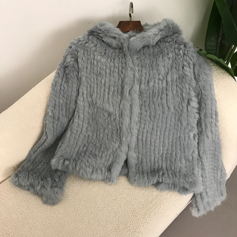 2024 Autumn and Winter New Encrypted Thickened Handmade Double-sided Woven Hooded Korean Style Short Rabbit Fur Coat for Women