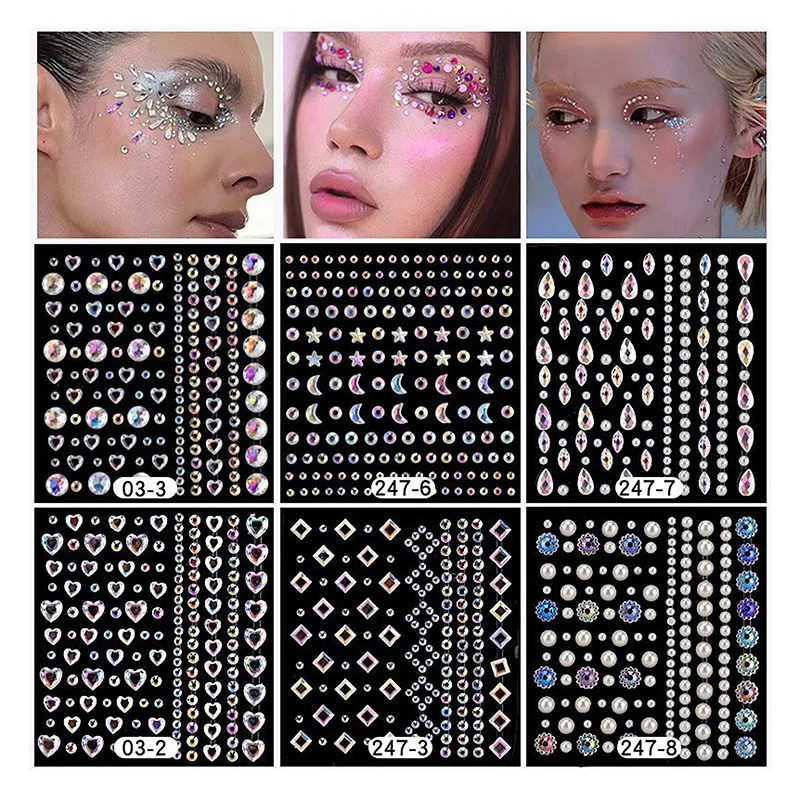 New 1Sheet Eye Body Face Gems Jewels Pearl Rhinestone Stickers Self Adhesive Crystal Rainbow Makeup Diamonds Face Decor Sticker