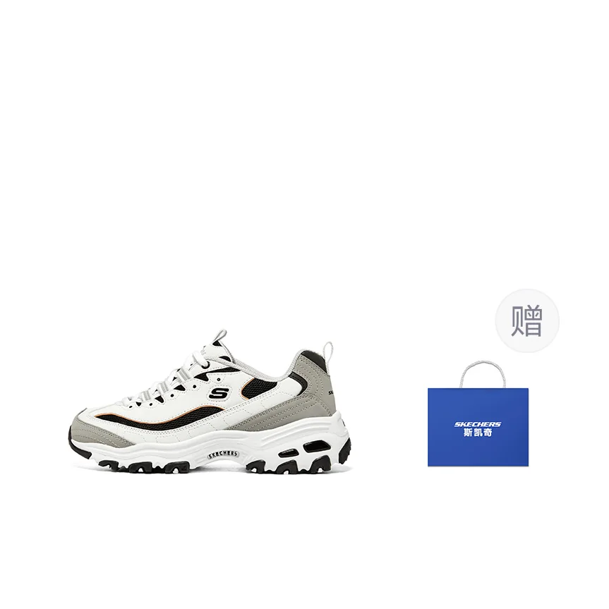 Skechers D'Lites 1.0 Breathable Black White Gold Textile, Synthetic Leather Abrasion Resistant Height Increasing 896204-WBK