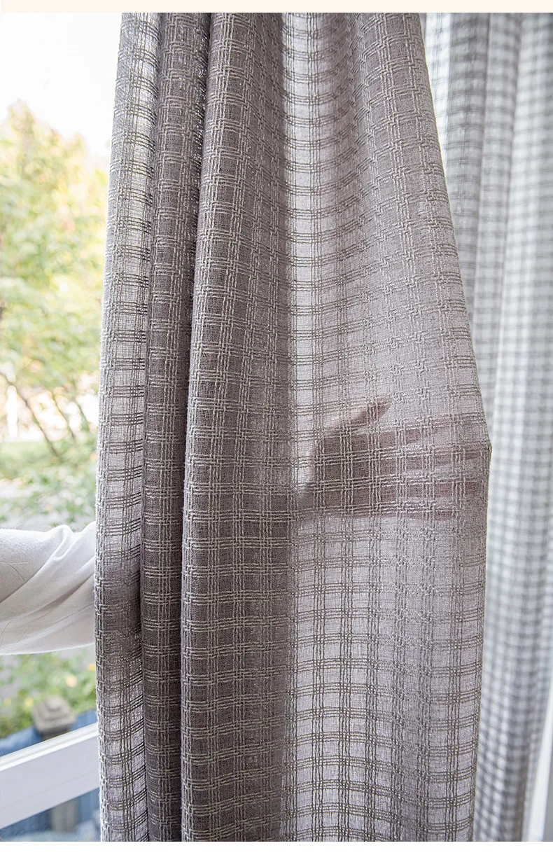 Japanische einfache Sonnencreme Milch Tee karierte Baumwolle Leinen Tüll Vorhänge für Wohnzimmer Esszimmer Schlafzimmer benutzerdefinierte Größe Dekor Vorhänge – Detail 19