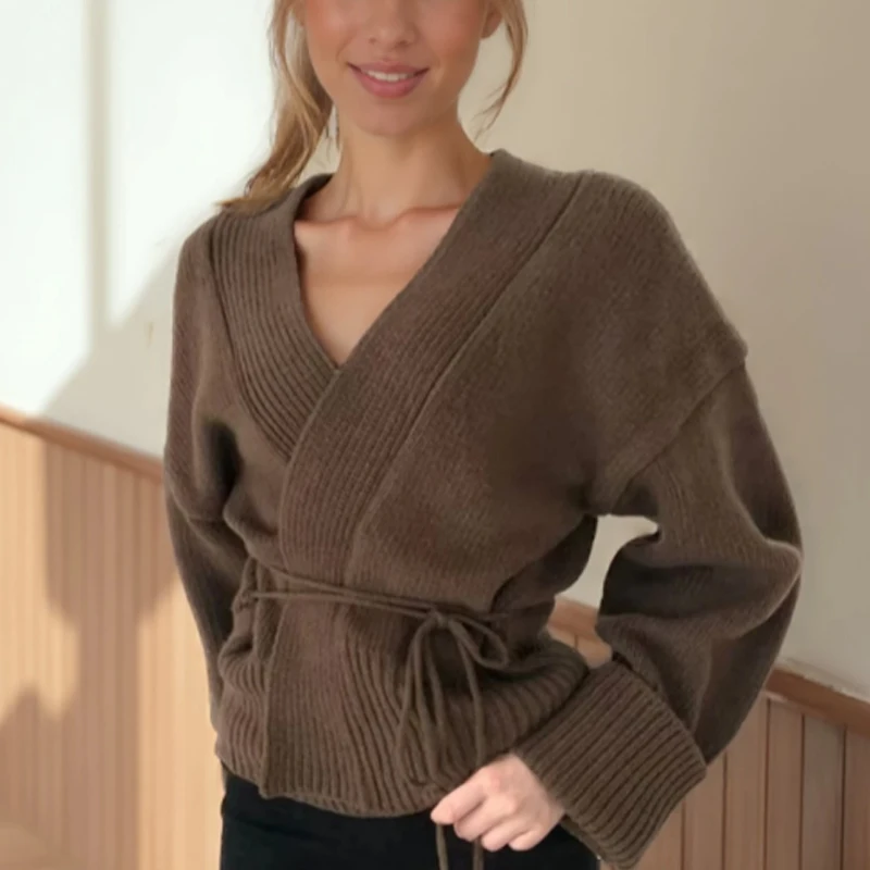 

Осень/зима 2022, женский вязаный кардиган в стиле ретро с v-образным вырезом, элегантный свитер с длинными рукавами, повседневная короткая вязаная куртка на шнуровке