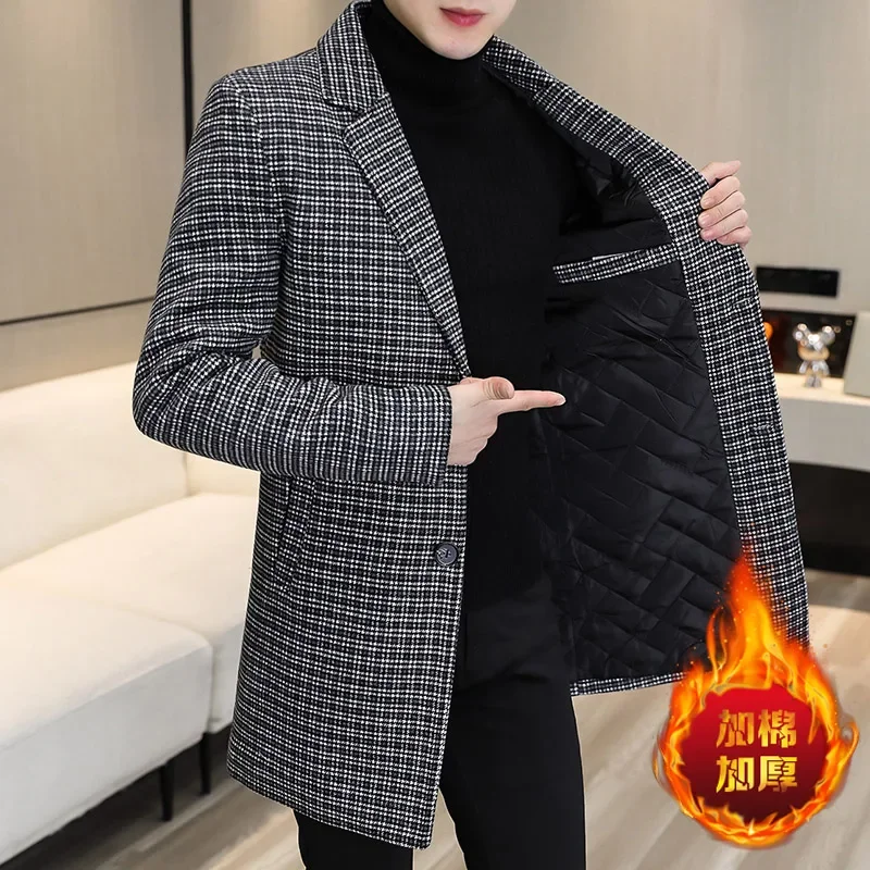 

2023 Autumn Winter Men's Woolen Jacket Long Thickened Overcoat Slim Fit Casual Business Wool Blends Coat Streetwear Men Clothing