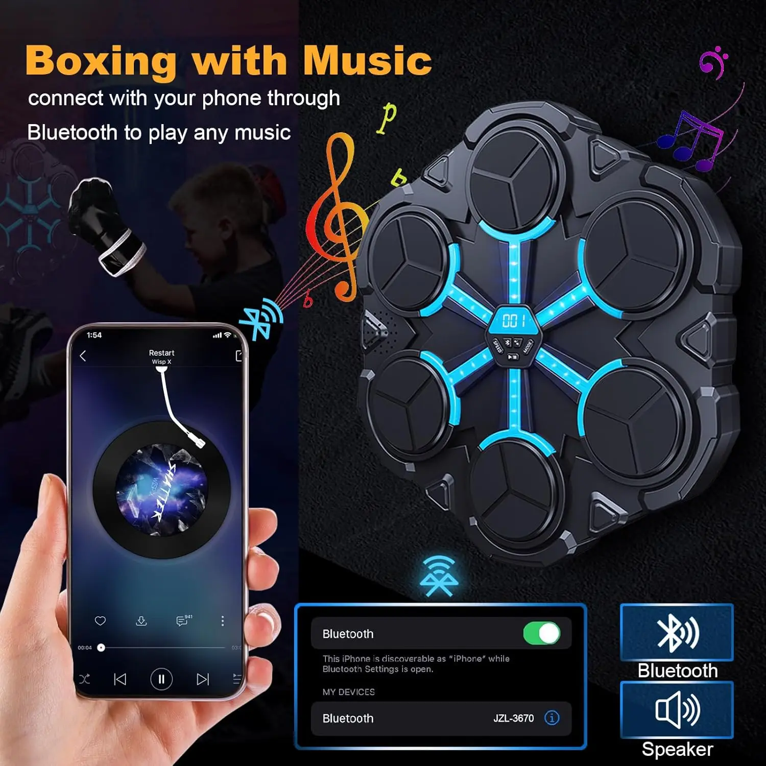 Máquina de boxeo musical con enlace Bluetooth inteligente, objetivo de boxeo con música Led montado en la pared para entrenamiento de fuerza, entretenimiento, regalo de Año Nuevo