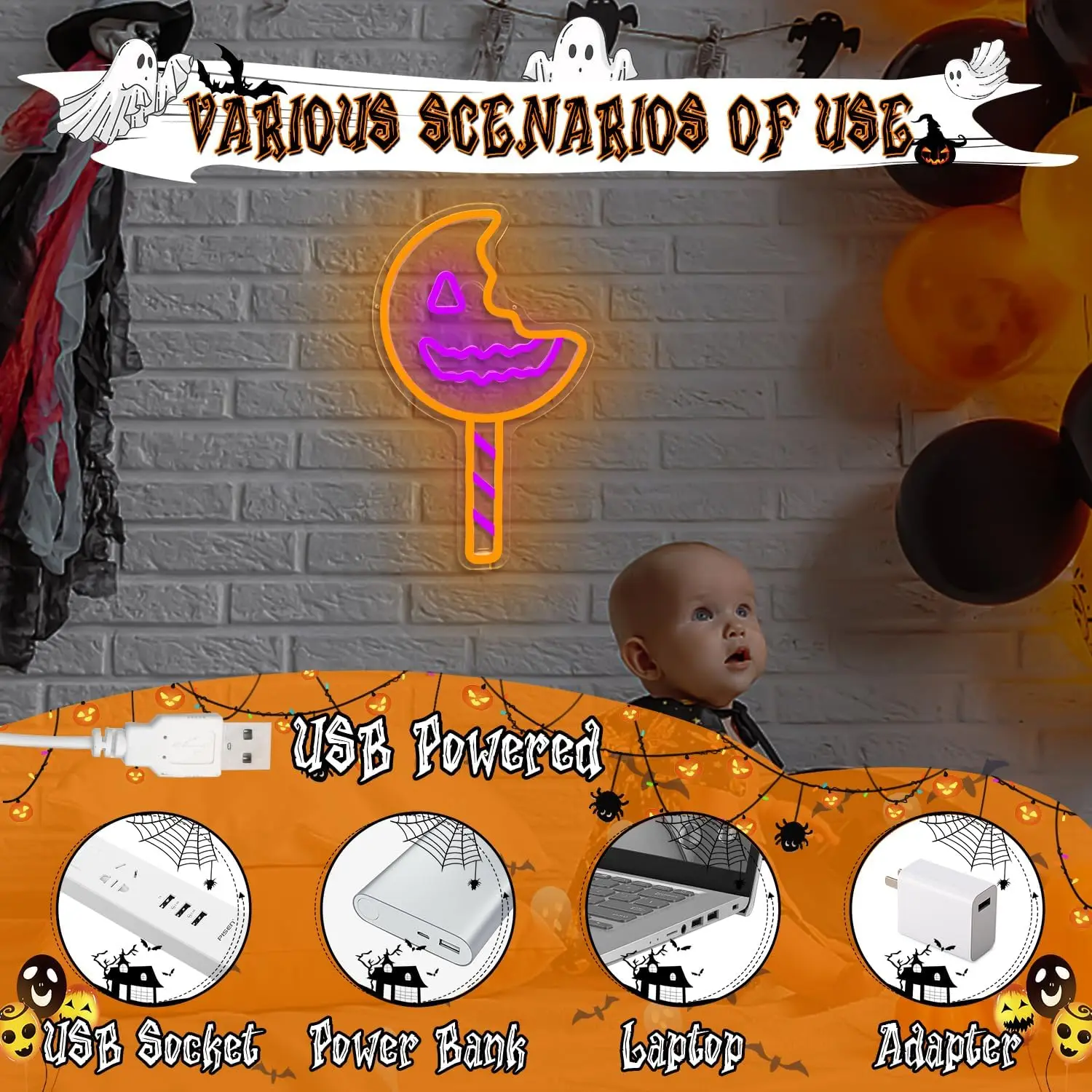 Lollipop Candy Trick Traktatie Halloween Neon Teken Pompoen Neon Verlichting Muur Decor Led Licht Borden Voor Slaapkamer Huis Kid Cadeau