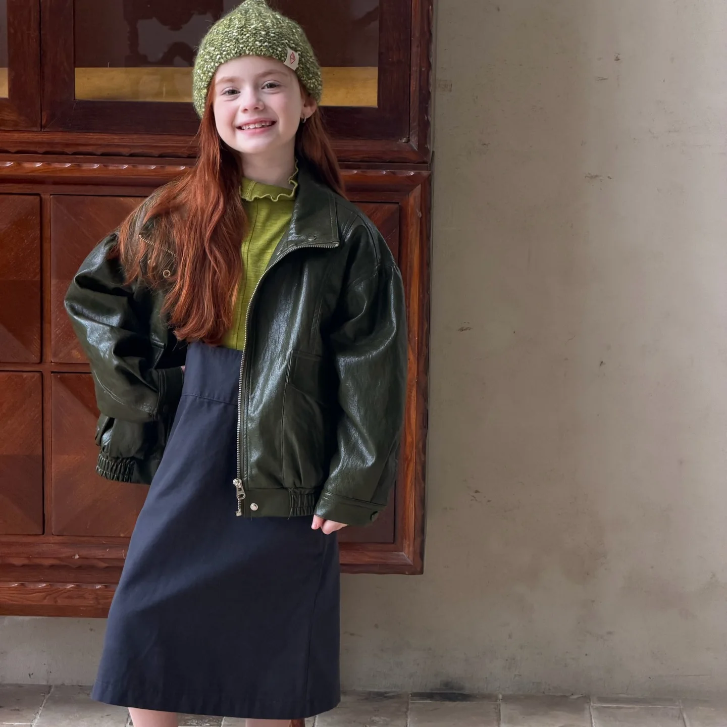Korean Kids Clothing 2026 Autumn New Girls Jacket Retro Shiny Leather Wine Red Leather Jacket Short Jacket Boutique Clothing