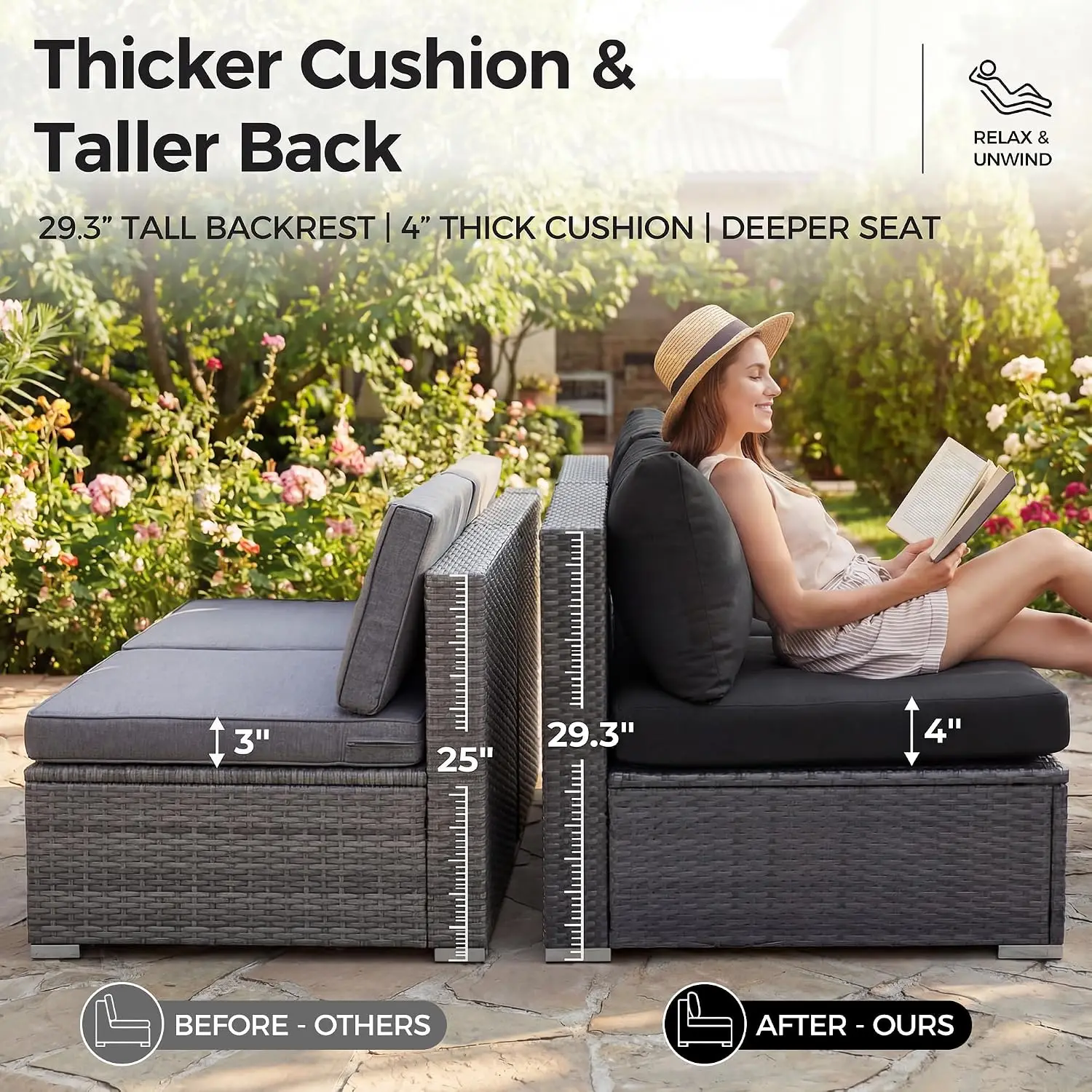Large Wicker Patio Furniture Set, L Shaped Modular Sectional, Deep Seating, 8 Piece 29.3 Inch, Black & Gray Cushion, Customized