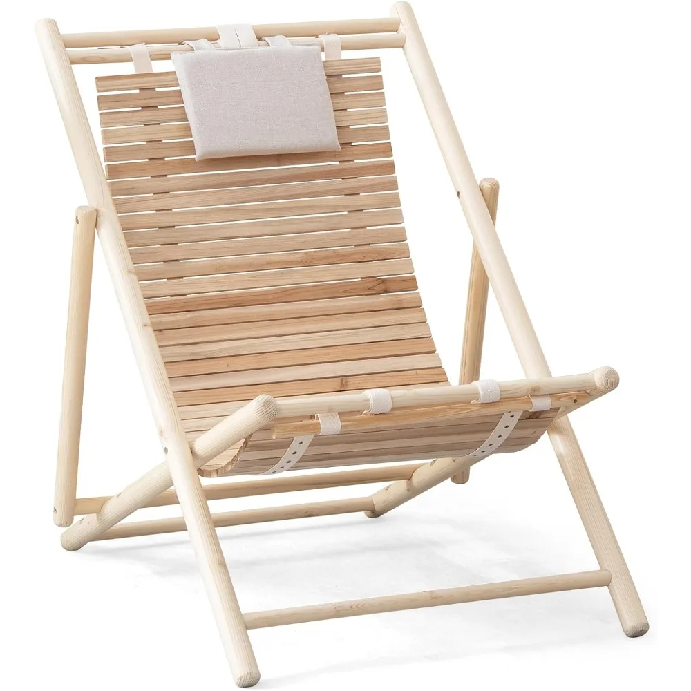 Silla Plegable de Madera para Exteriores - Respaldo Ajustable, Reposacabezas Desmontable, Capacidad de 330 Libras, Silla de Patio para Piscina, Jardín, Césped